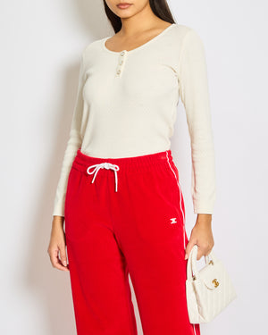 Celine Cream Long-Sleeve Cotton Top with Logo Broidery Anglaise and Pearl Button Details XS (UK 6)