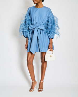 Valentino Blue Long Sleeve Wrap Mini Dress with Feather Trim and Pocket Detail Size IT 44 (UK 12)