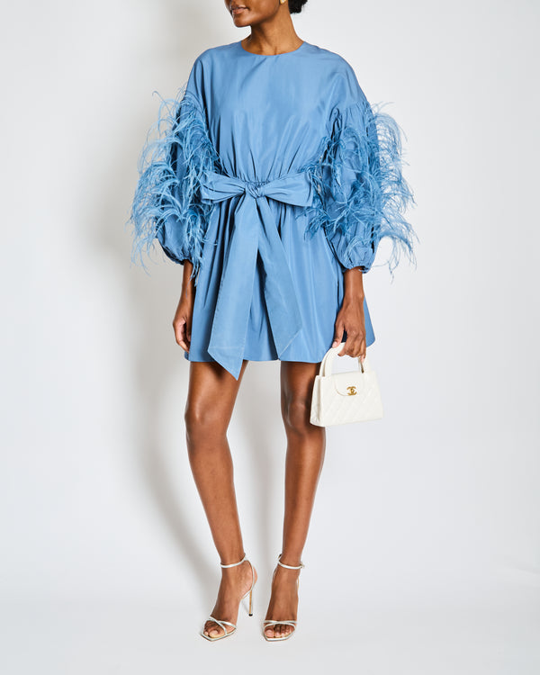 Valentino Blue Long Sleeve Wrap Mini Dress with Feather Trim and Pocket Detail Size IT 44 (UK 12)
