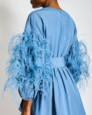 Valentino Blue Long Sleeve Wrap Mini Dress with Feather Trim and Pocket Detail Size IT 44 (UK 12)