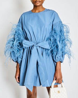 Valentino Blue Long Sleeve Wrap Mini Dress with Feather Trim and Pocket Detail Size IT 44 (UK 12)