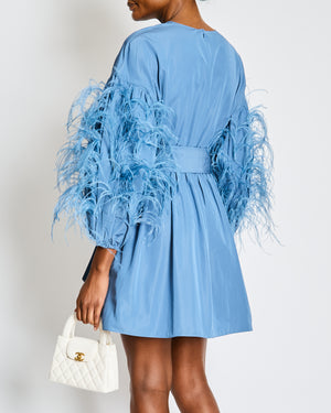 Valentino Blue Long Sleeve Wrap Mini Dress with Feather Trim and Pocket Detail Size IT 44 (UK 12)