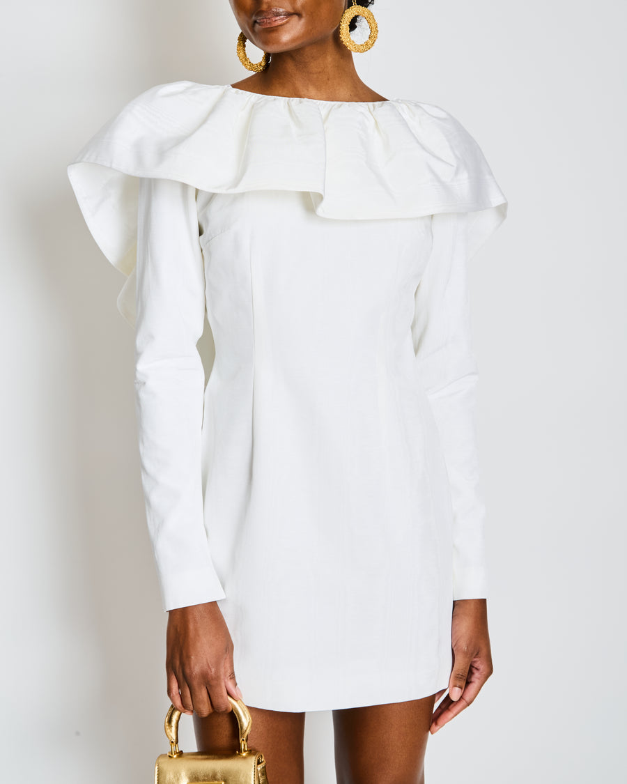 16Arlington Ivory Long Sleeve Moire Ruffle Mini Dress Size FR 40 (UK 12)