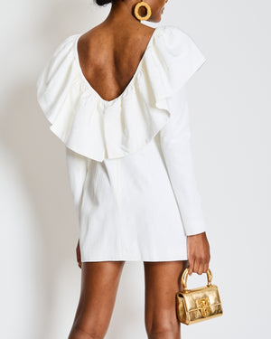 16Arlington Ivory Long Sleeve Moire Ruffle Mini Dress Size FR 40 (UK 12)