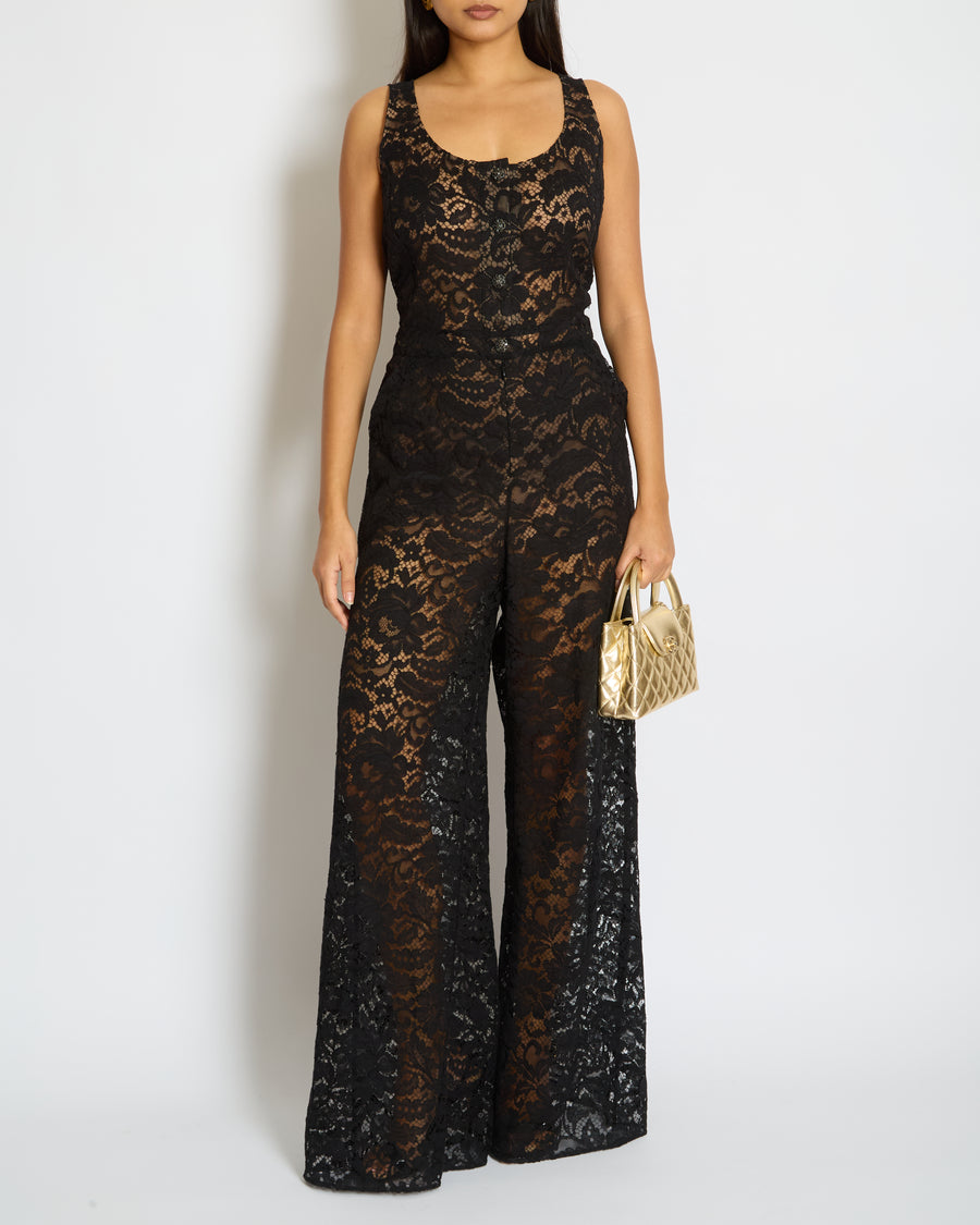 Chanel Black Floral Print Lace Jumpsuit Size FR 42 (UK 14)