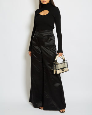 Chanel Black Silk Wide Leg Trousers with Embellished Buttons and Pocket Detail Size FR 44 (UK 14)
