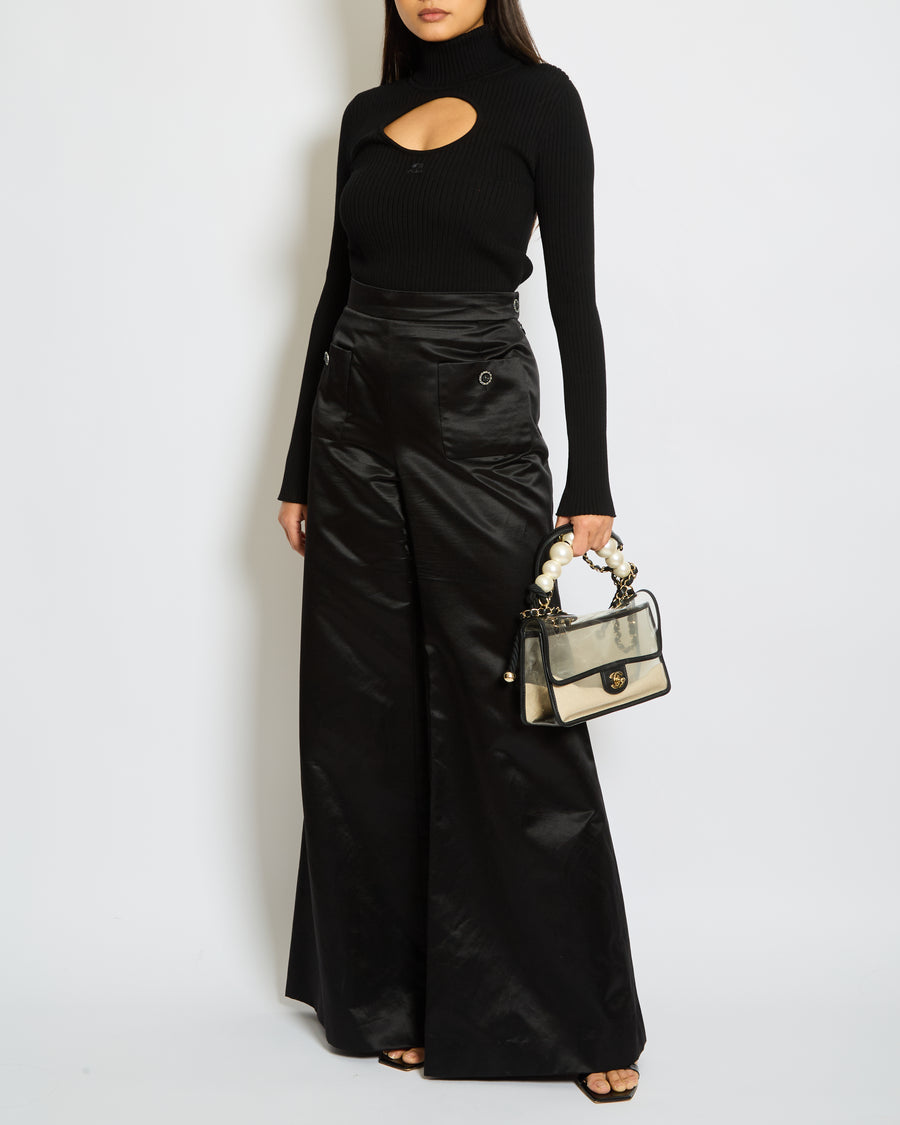 Chanel Black Silk Wide Leg Trousers with Embellished Buttons and Pocket Detail Size FR 44 (UK 14)