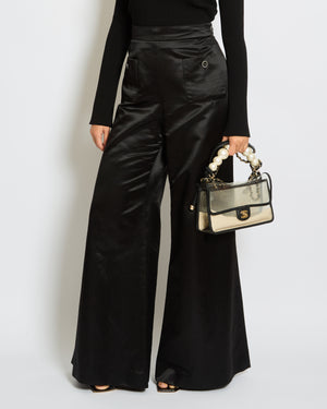 Chanel Black Silk Wide Leg Trousers with Embellished Buttons and Pocket Detail Size FR 44 (UK 14)