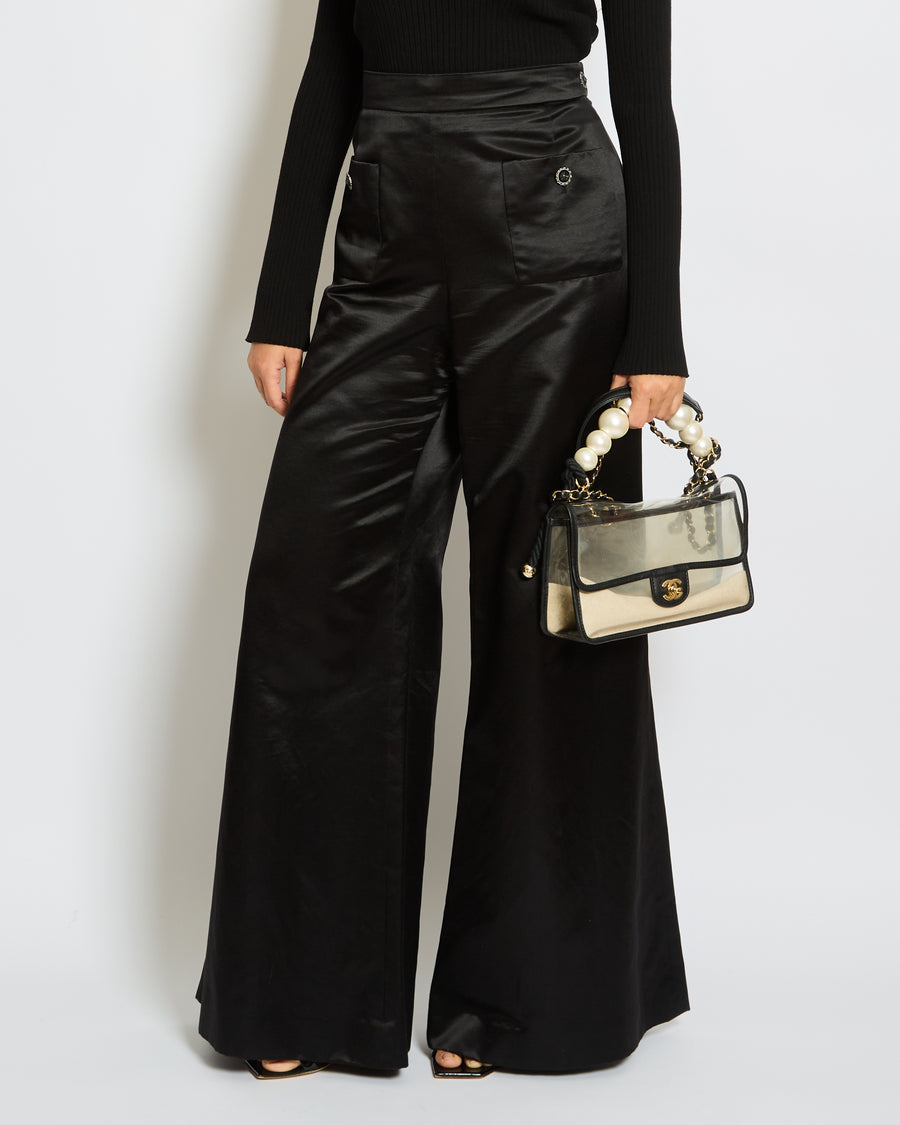 Chanel Black Silk Wide Leg Trousers with Embellished Buttons and Pocket Detail Size FR 44 (UK 14)