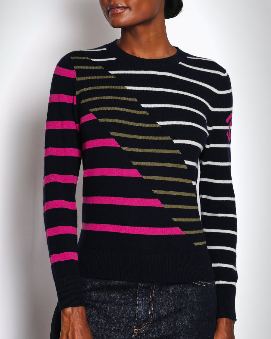 Chanel 20/C Navy Long Sleeve Striped Jumper with Fuchsia Logo Detail Size FR 36 (UK 8)