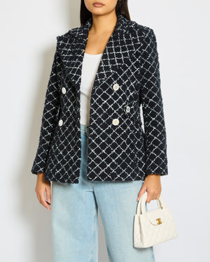 Chanel 19C Cruise Collection Tweed Jacket in Navy and White with Mirrored Buttons Size FR 34 (UK 6)