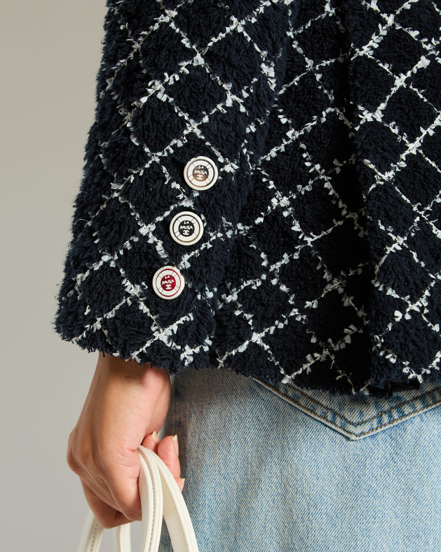 Chanel 19C Cruise Collection Tweed Jacket in Navy and White with Mirrored Buttons Size FR 34 (UK 6)