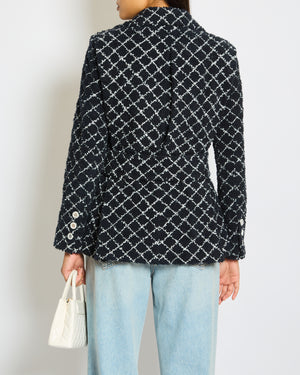 Chanel 19C Cruise Collection Tweed Jacket in Navy and White with Mirrored Buttons Size FR 34 (UK 6)