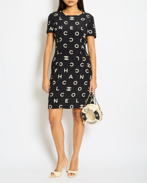 Chanel 97P Black Silk Mini Dress with Alphabet Coco Chanel Print Size FR 40 (UK 12)