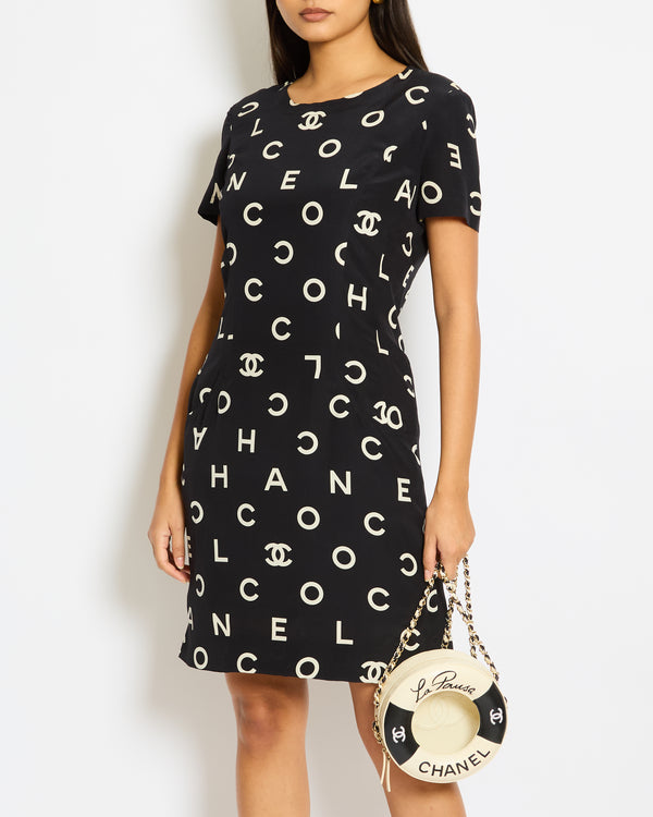 Chanel 97P Black Silk Mini Dress with Alphabet Coco Chanel Print Size FR 40 (UK 12)