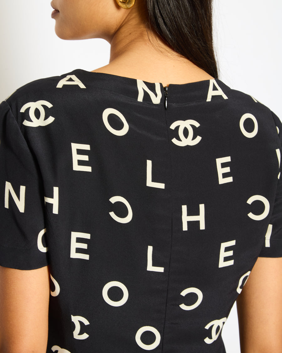 Chanel 97P Black Silk Mini Dress with Alphabet Coco Chanel Print Size FR 40 (UK 12)
