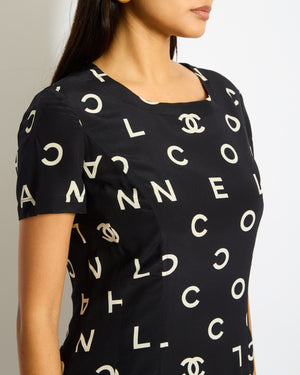 Chanel 97P Black Silk Mini Dress with Alphabet Coco Chanel Print Size FR 40 (UK 12)
