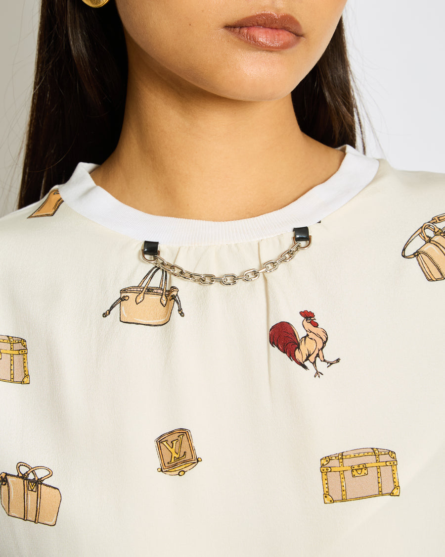Louis Vuitton Cream Charms T-Shirt with Printed Bags Motif and Chain Detail Size S (UK 8)
