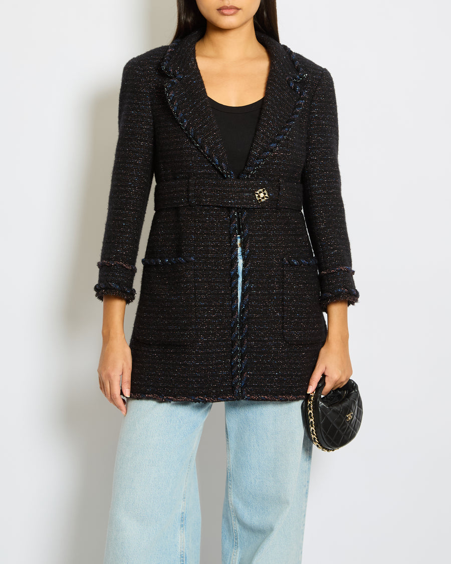 Chanel 07/A Navy Tweed Belted Jacket with Pocket Detail Size FR 38 (UK 10)