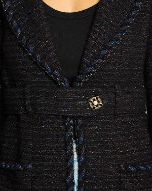 Chanel 07/A Navy Tweed Belted Jacket with Pocket Detail Size FR 38 (UK 10)