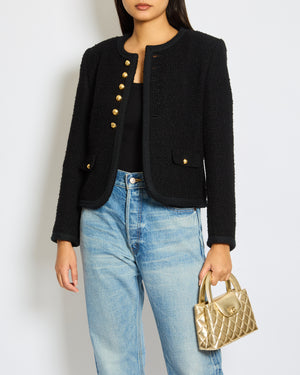Céline Black Tweed Round Neck Jacket with Gold Logo Button Detail Size FR 36 (UK 8)
