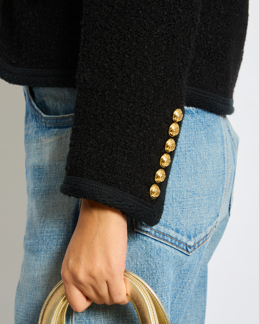 Céline Black Tweed Round Neck Jacket with Gold Logo Button Detail Size FR 36 (UK 8)