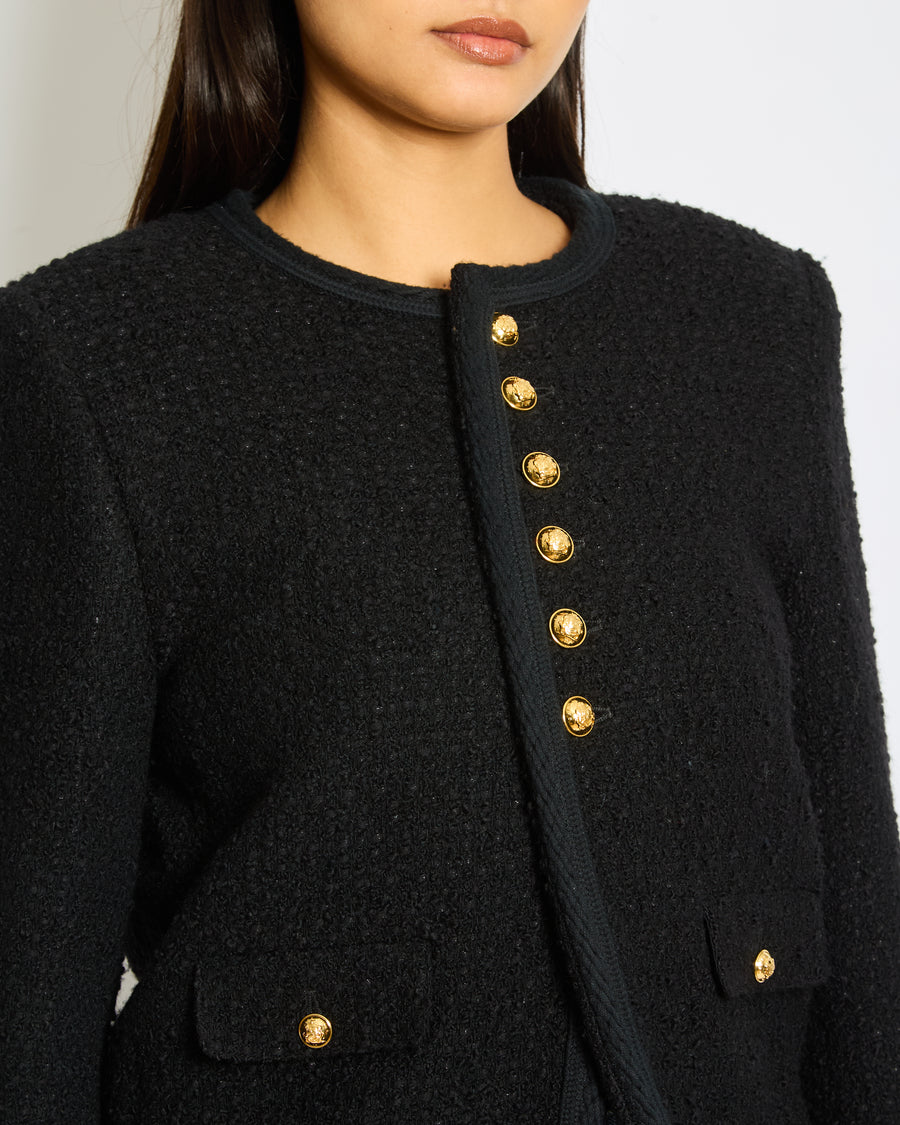 Céline Black Tweed Round Neck Jacket with Gold Logo Button Detail Size FR 36 (UK 8)