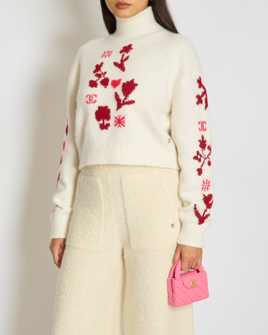 Chanel 24N Cream and Red Coco Neige Floral Cashmere Knitted Jumper Size FR 38 (UK 10)