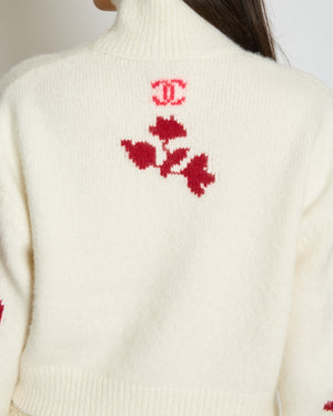 Chanel 24N Cream and Red Coco Neige Floral Cashmere Knitted Jumper Size FR 38 (UK 10)