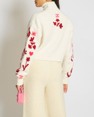 Chanel 24N Cream and Red Coco Neige Floral Cashmere Knitted Jumper Size FR 38 (UK 10)