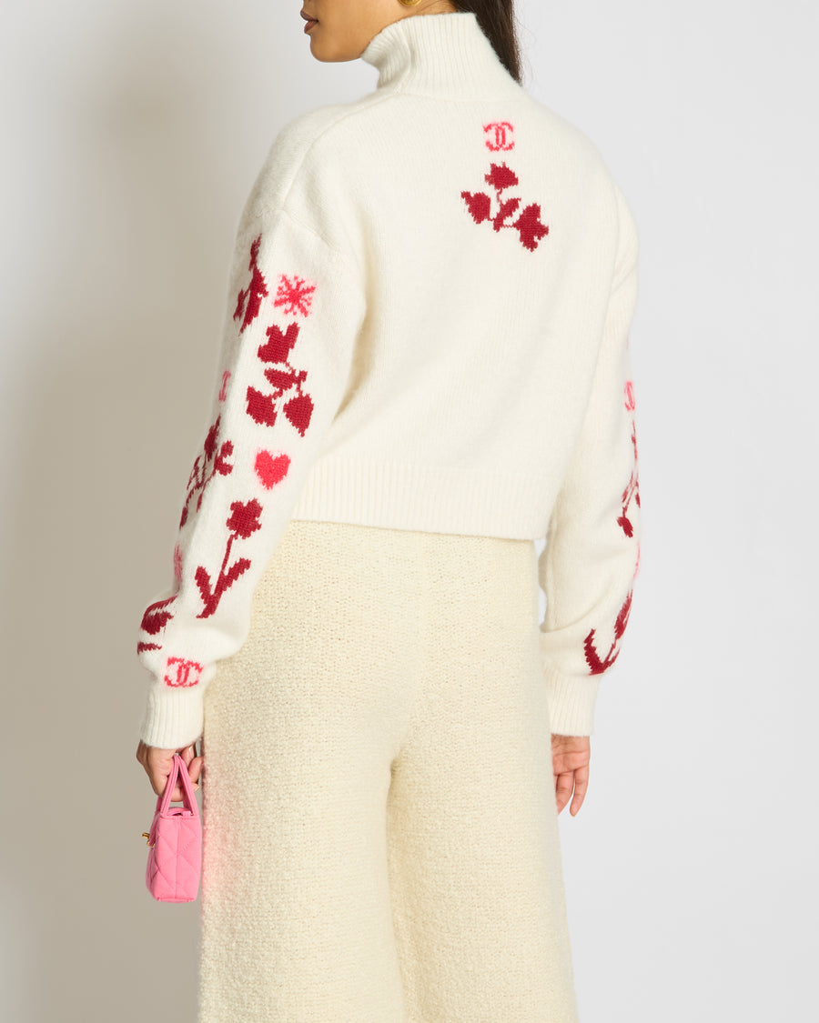 Chanel 24N Cream and Red Coco Neige Floral Cashmere Knitted Jumper Size FR 38 (UK 10)