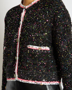 *SUPER HOT* Chanel 24C Black & Multicolour Sequin Cardigan with Pink & White Threads and CC Iridescent Logo Buttons Detail Size FR 36 (UK 8) RRP £5400