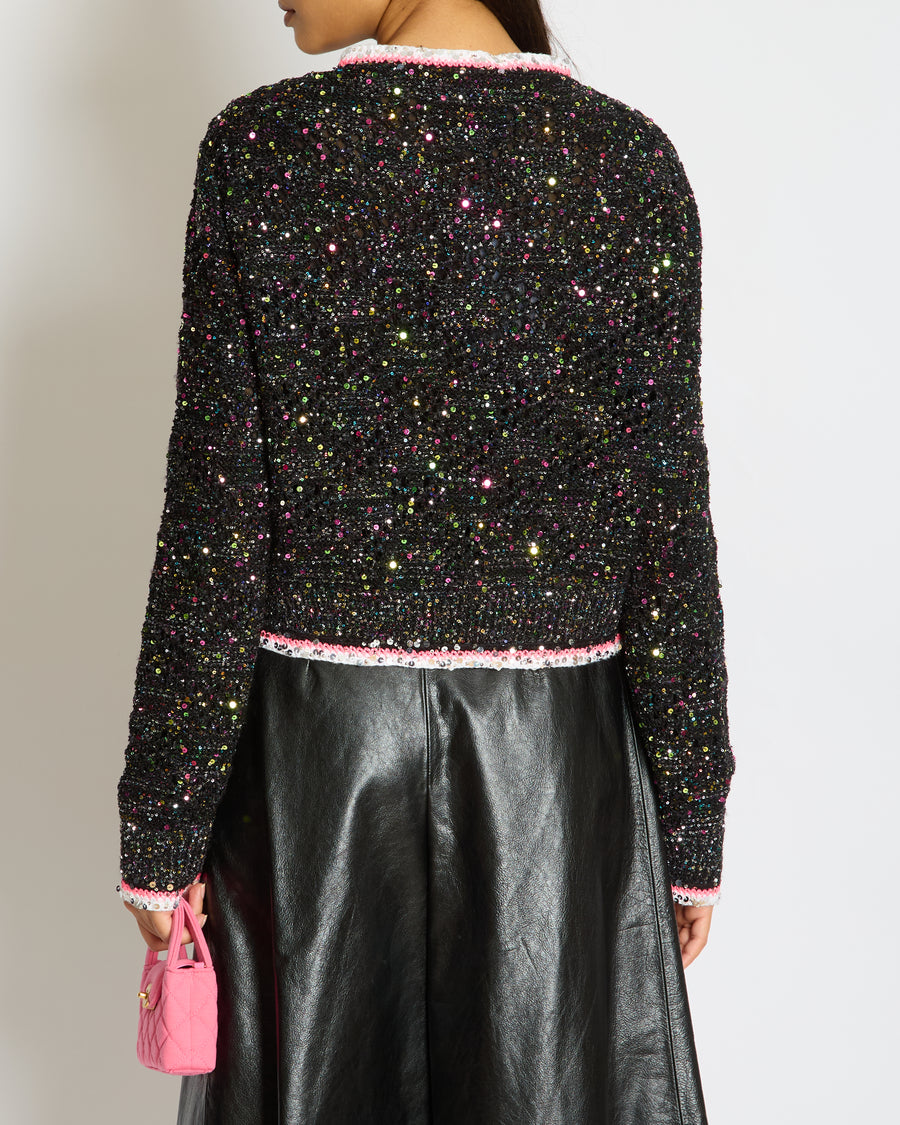 *SUPER HOT* Chanel 24C Black & Multicolour Sequin Cardigan with Pink & White Threads and CC Iridescent Logo Buttons Detail Size FR 36 (UK 8) RRP £5400