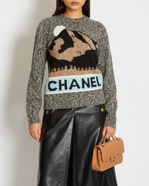 Chanel 24N Grey, Brown and Blue Mountain Cashmere and Wool Jumper with Logo Detail  Size FR 36 (UK 8)