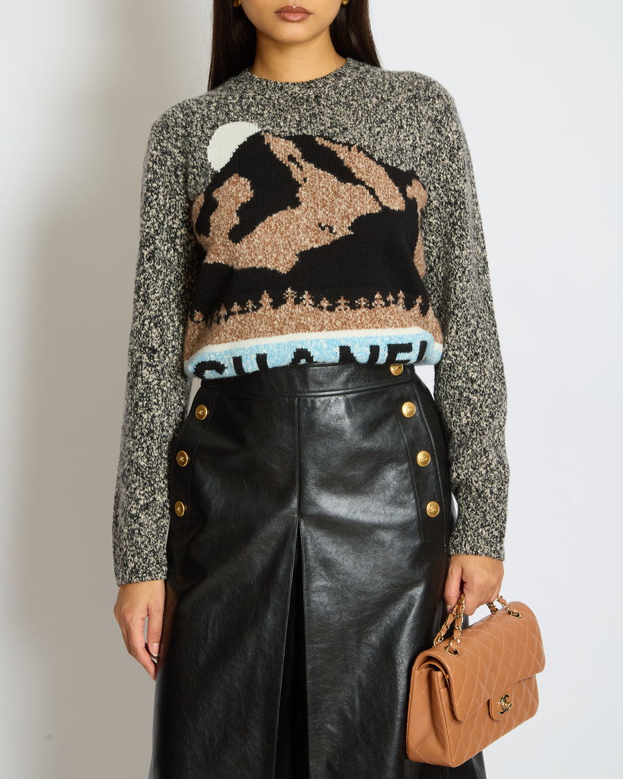 Chanel 24N Grey, Brown and Blue Mountain Cashmere and Wool Jumper with Logo Detail  Size FR 36 (UK 8)