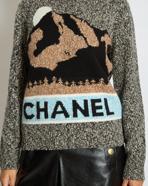 Chanel 24N Grey, Brown and Blue Mountain Cashmere and Wool Jumper with Logo Detail  Size FR 36 (UK 8)