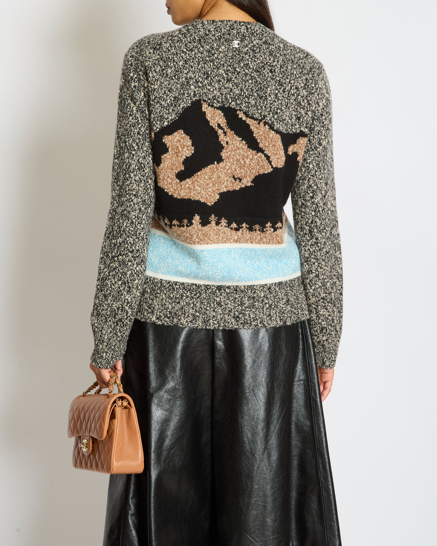 Chanel 24N Grey, Brown and Blue Mountain Cashmere and Wool Jumper with Logo Detail  Size FR 36 (UK 8)