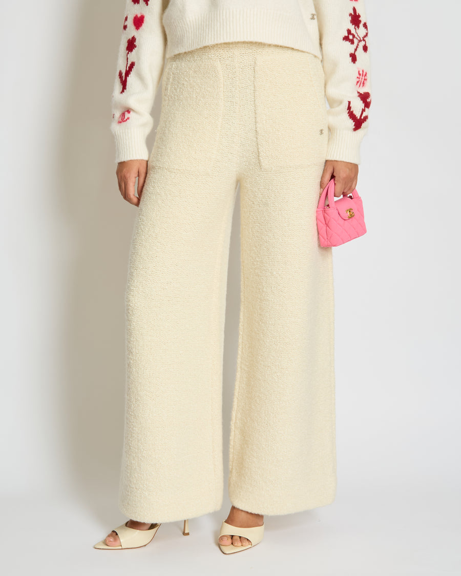 Chanel 24K Cream Cashmere and Wool Wide Legs Trouser with CC Logo on the Front Pocket Size FR 34 (UK 6) RRP £4400
