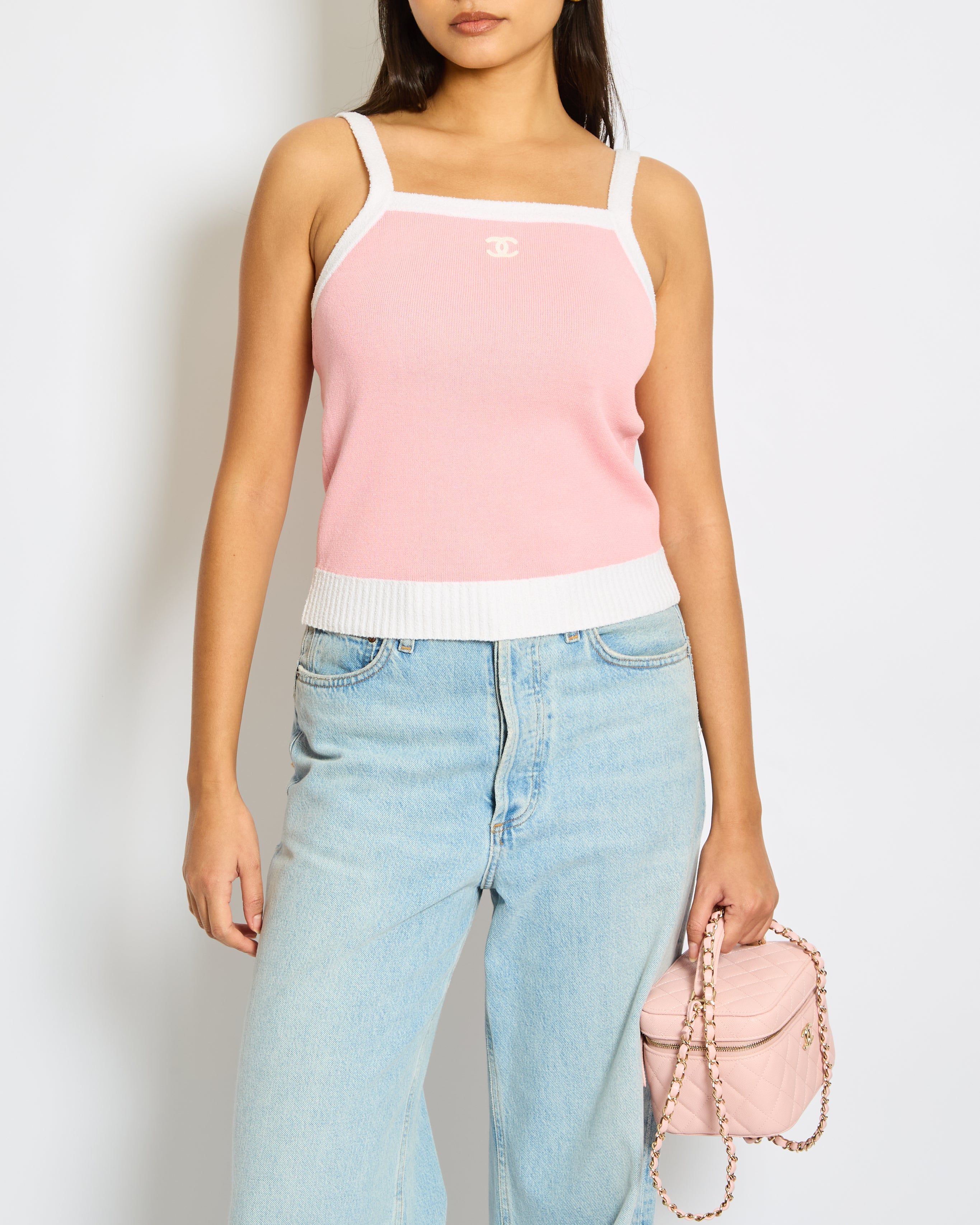 Chanel Cruise Pink and White Tank Top with CC logo and White