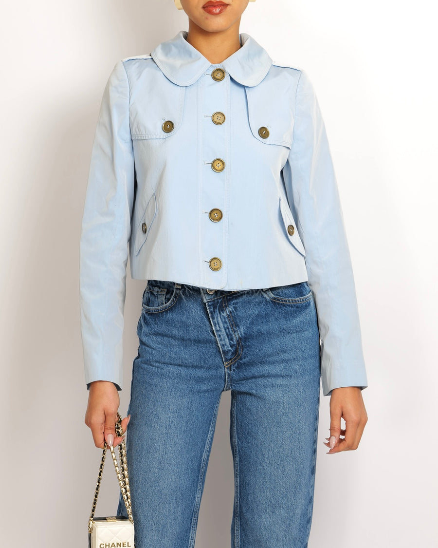 Burberry Light Blue Cropped Jacket with Gold Logo Buttons Detail Size UK 8