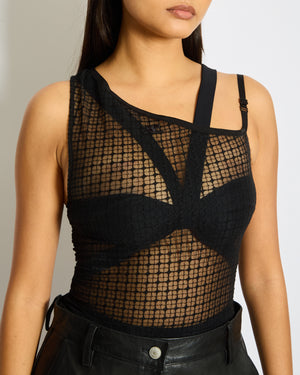 Courrèges Black Logo One-Shoulder Mesh Top Size S (UK 8)
