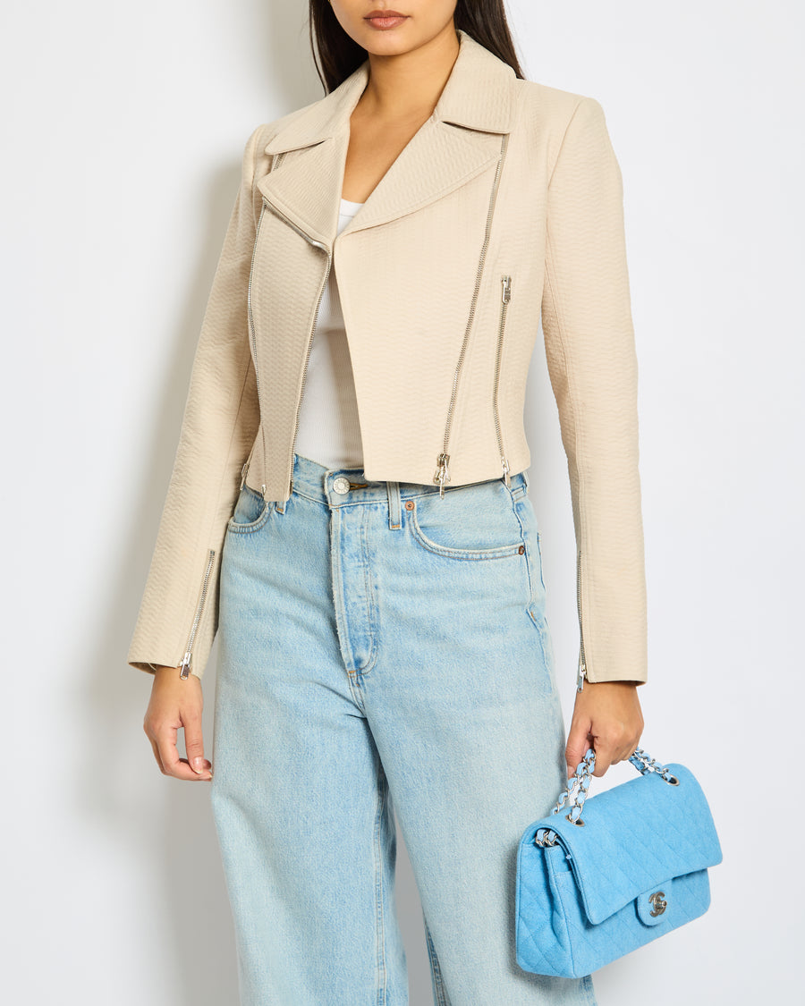 Alaïa Beige Zipped Jacquard Biker Jacket Size FR 38 (UK 10)