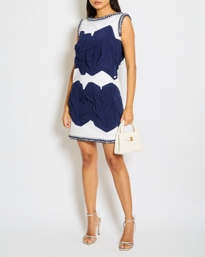 Chanel White and Navy Cotton and Silk Mini Dress with Ruffle Detail and Tweed Trimmed Size FR 36 (UK 8)