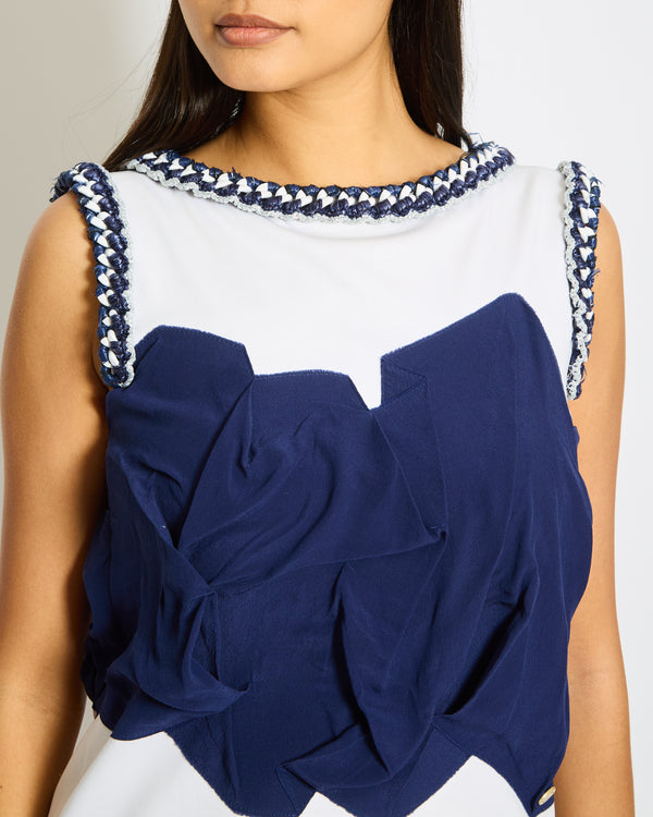 Chanel White and Navy Cotton and Silk Mini Dress with Ruffle Detail and Tweed Trimmed Size FR 36 (UK 8)