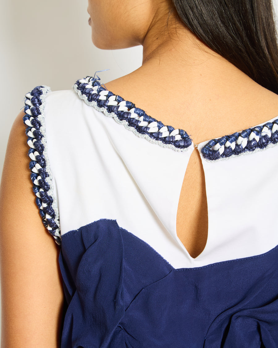 Chanel White and Navy Cotton and Silk Mini Dress with Ruffle Detail and Tweed Trimmed Size FR 36 (UK 8)