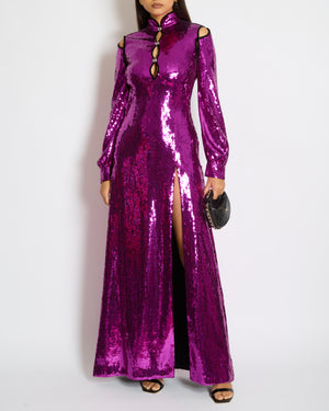 Gucci Purple Sequin High-Neck Long Sleeve Maxi Gown with Diamante G Detail Size IT 36 (UK 4)