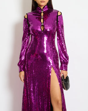 Gucci Purple Sequin High-Neck Long Sleeve Maxi Gown with Diamante G Detail Size IT 36 (UK 4)