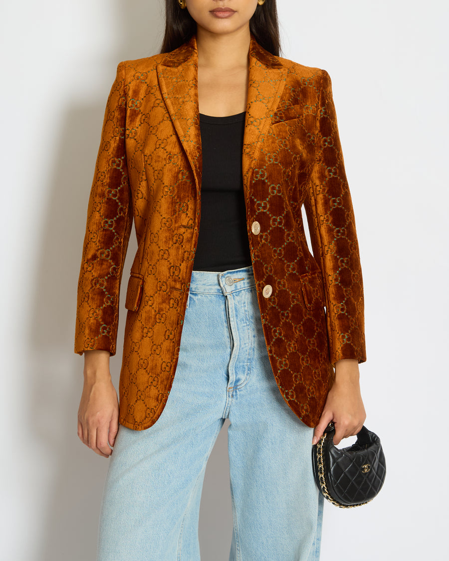 Gucci Rust GG Monogram Single Breasted Velvet Blazer Size IT 38 (UK 6)