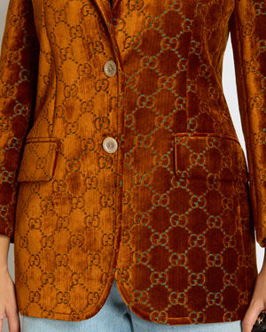 Gucci Rust GG Monogram Single Breasted Velvet Blazer Size IT 38 (UK 6)
