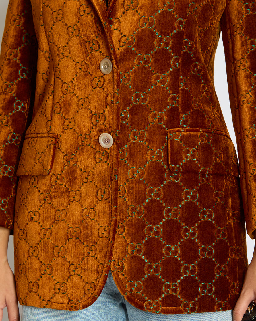 Gucci Rust GG Monogram Single Breasted Velvet Blazer Size IT 38 (UK 6)